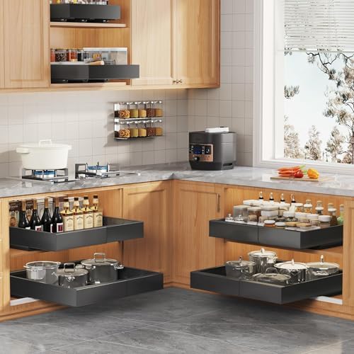 Seinloes 2Pack Expandable Pull Out Cabinet Organizer 21"Deep with Raising Pad for Framed Cabinets, Upgrade 3 Slide Rails Slide Out Drawers, Roll Out Shelves Adhesive,Adjustable Width 12.05"-20.4"Black