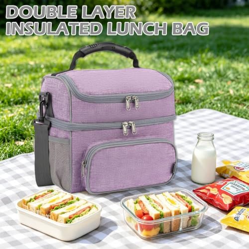 FlowFly Double Layer Cooler Insulated Lunch Bag Adult Lunch Box Large Tote Bag for Men, Women, With Adjustable Strap,Front Pocket and Dual Large Mesh Side Pockets