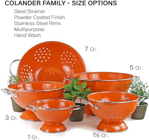 Reston Lloyd, 3 Quart Powder Coated Steel Kitchen Strainer Basket for draining Pasta, Vegetable and Fruit, Chrome Handles and Wide Stable Base, Orange