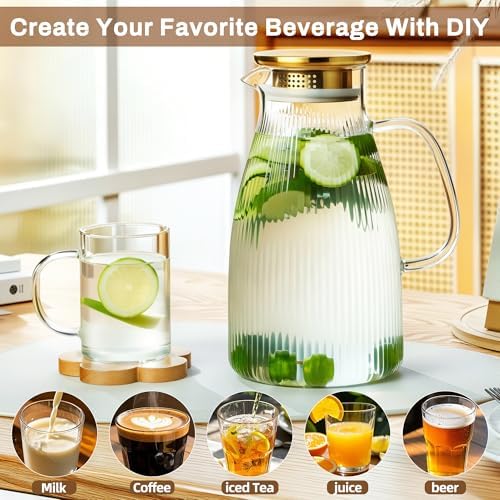 Buaic 2 PACK Glass Pitcher with Lid and Widened Handle,68 oz / 2L Vertical Stripes Water Pitcher for Fridge, Borosilicate Glass Water Carafe for Cold Brew, Iced Sun Tea,Beverage,Coffee Hot/Cold