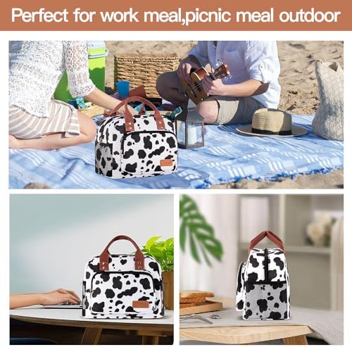 Lunch Bag for Women, Insulated Lunch Box for Women Men Work Adult, Cute Lunch Tote Large Capacity Reusable Cooler Containers for Picnic Travel Office or Beach (Cow)