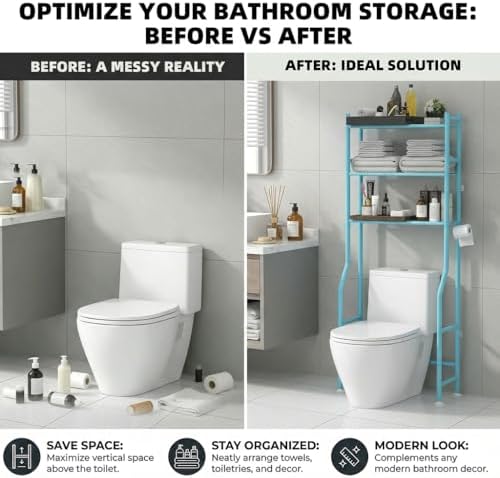 GloTika 3-Tier Over Toilet Storage, Anti-Tilt, 64" H, Blue