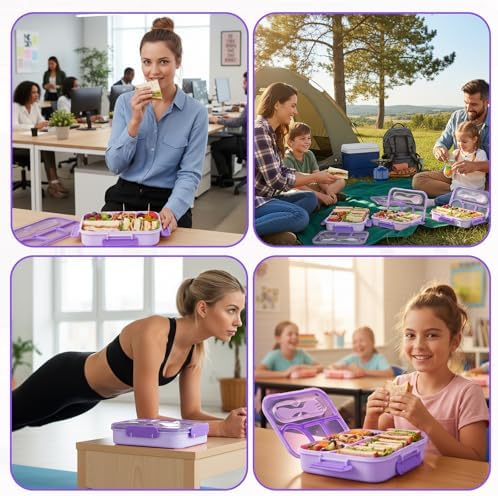 Bento Box for Adults, 4 Compartments Lunch Box, Lunch Containers, Purple