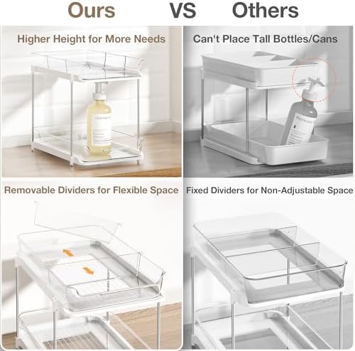 Delamu 2-Tier Bathroom Under Sink Organizers and Storage, Pull Out Cabinet Drawers with Anti-Slip Design, Multi-Purpose Storage for Kitchen, Pantry, Bathroom & Home Organization, Snowy, 1 Pack