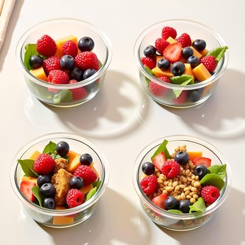 12OZ Round Glass Food Storage Containers With Lids, 1.5 Cup Round Meal Prep Containers with Lid BPA-Free, Small Glass Food Bowl for Soup Leftover, Microwave, Dishwasher, Freezer Safe-4 Pack