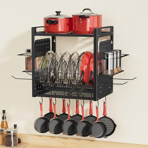 Wall Mounted 16" Pot Rack,2 Tier Kitchen Pots & Pan Organizer with 10 Hooks
