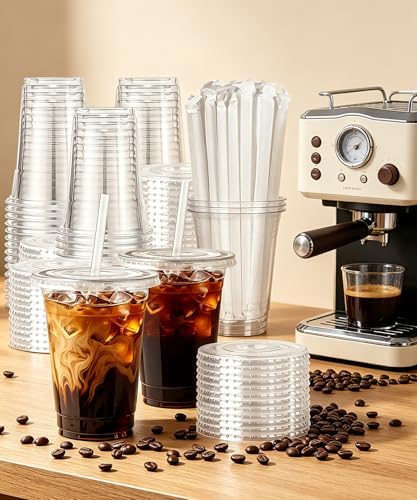 Ginkgo 50 Pack 16 oz Clear Plastic Cups with Lids and Straws
