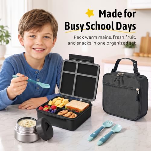 Bento Box for Kids with Thermo Food Container (9oz), 4-Compartment Lunch Box, Adjustable Divider, Leakproof Bento Lunch Box, Includes Utensils & Carry Bag for School, Office(Black)