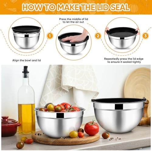 TeamFar Mixing Bowls Set of 5, Stainless Steel Metal Salad Bowls with Lids