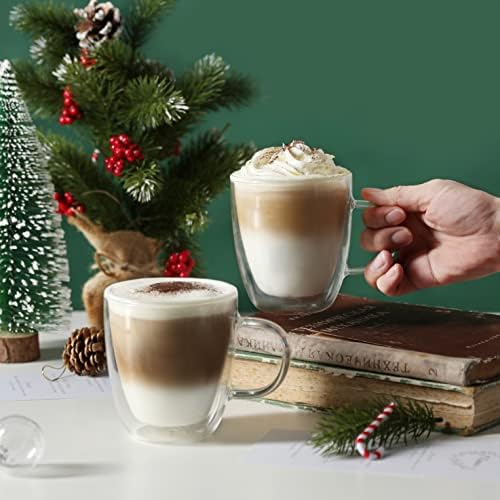 CNGLASS Glass Coffee Mugs 12oz,Double Walled Insulated Cappuccino Mug with Handle,Clear Espresso Cups for Cappuccino,Latte,Tea Bags,Hot and Cold Beverages,Set of 4