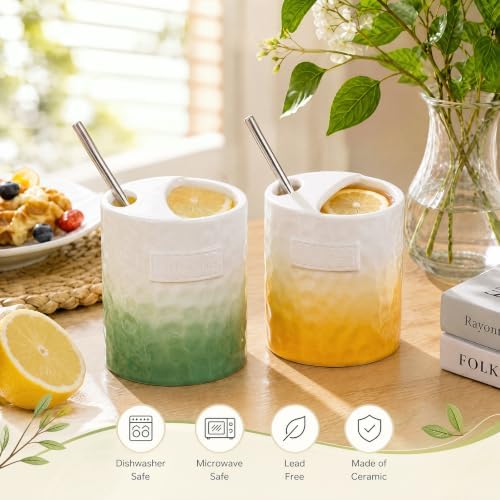 2 Pack Ceramic Coffee Mug with Sip Hole, Gradient, Green, Yellow