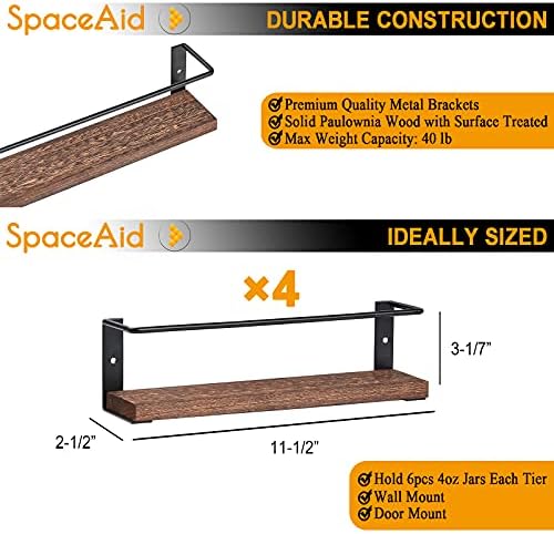 SpaceAid Spice Rack Organizer for Cabinet Door or Wall Mount (4 Pack) with 415 Spice Labels - Wood Hanging Seasoning Shelf for Cupboard Pantry or over the Stove