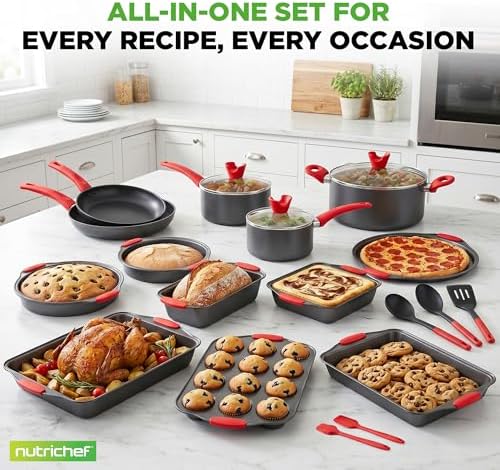 NutriChef 21-Piece Nonstick Cookware Set - PTFE/PFOA/PFOS Free Heat Resistant Lacquer Kitchen Ware Pots Pan w/ Cool-Touch Handles, Saucepan, Fry Pans, Lid, Bakeware, For Gas Electric Ceramic Cooktops