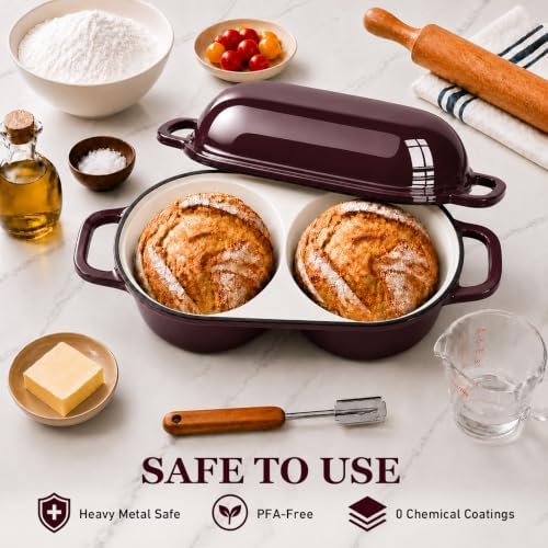 Double Dutch Oven for Sourdough Bread Baking,2.2QT Enameled Cast Iron Dutch Oven Pot with Lid,500°F Oven Safe Non Stick Bread Loaf Pan,Sourdough Baking Pan for Homemade Baking(Burgundy)