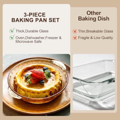 Glass Pie Pan for Baking, Round Glass Baking Dish (Amber 3PCS)