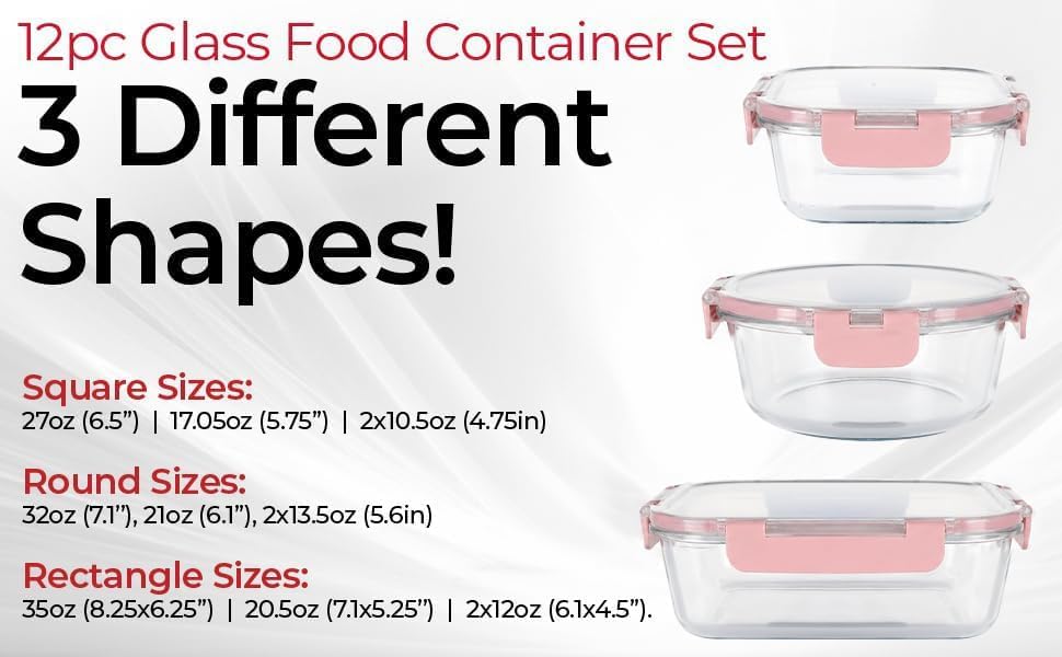 Magic Mill Premium Borosilicate Glass Food Storage Containers with lids Set | 24pc Sets with 12 Bowls & 12 Airtight Locking Lids for Lunch & Meal Prep, Safe for Oven, Freezer, Dishwasher, BPA-Free