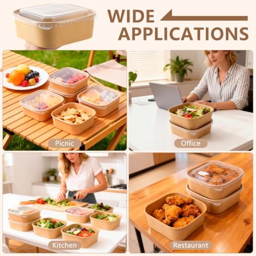 40 Sets 33 oz Disposable Kraft Paper Bowls with Lids - Square