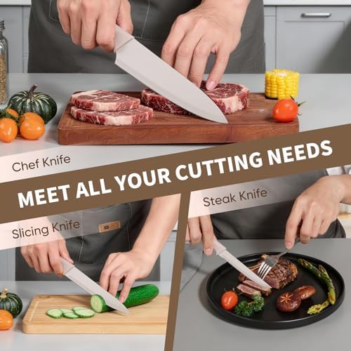 E-far Knife Set, 15-Piece Kitchen Knife Block Set with Sharpener, Khaki