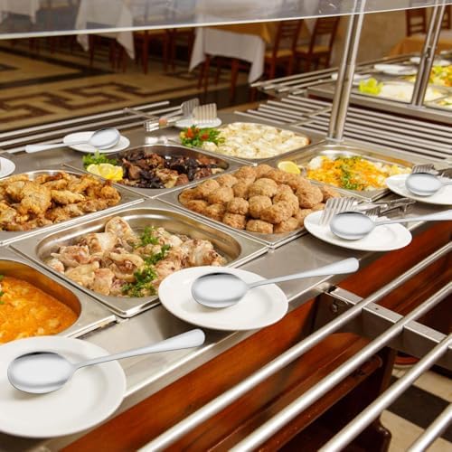 6PCS Serving Spoons and Forks Set- Solid Spoon x 2, Slotted Spoon x 2, Solid Fork x 2, 8.66inch Stainless Steel Serving Utensils for Buffet Party Dinner Banquet Cooking Kitchen