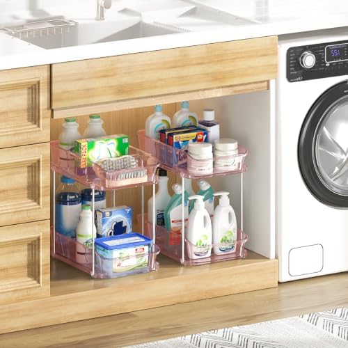 Delamu 2-Tier Under Sink Organizers and Storage, Multi-Purpose Stackable Bathroom Cabinet organizers, Pull Out Kitchen Pantry Organization and Storage with Dividers(2 Pack, Pink)