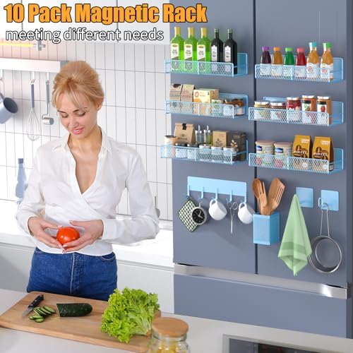 Magnetic Spice Rack for Refrigerator, 10 Pack Metal Magnetic Shelf, Moveable Spice Organizer with Hook Rack, Paper Towel Holder, Kitchenware Holder, Strong Magnetic Storage Fridge Organizer Blue