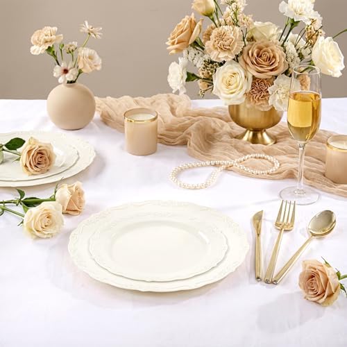 Tinybee 60PCS Ivory Plastic Plates - Heavy Duty Ivory Disposable Plates