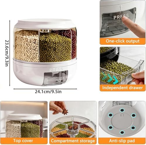 Rotating Grain Storage Bin 6 Grids Rice Container One-Click Output Large Capacity Food Dispenser For Rice Grains Sealed Moisture Proof Organizer (White)