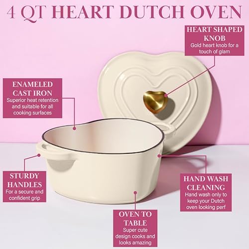 Paris Hilton Enameled Cast Iron Dutch Oven Pot with Lid, Heart-Shaped Dutch Oven, Durable Cast Iron Pot with Dual Handles, Oven Safe to 500°F, Works on All Stovetops, 4-Quart, Cream