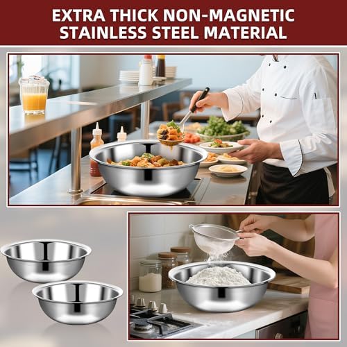 6 Pcs Stainless Steel Mixing Bowls Metal Mixing Bowls Extra Large Basin Salad Bowl with Deeper Edge, Dishwasher Safe, Mirror Finish for Home and Commercial, Silver (18 Inch 16 Qt)