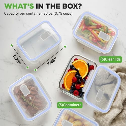 NutriChef 10-Piece Glass Food Containers - Stackable Superior Glass Meal-prep Storage Containers, Newly Innovated Leakproof Locking Lids w/Air Hole, Freezer-to-Oven-Safe (Blue)
