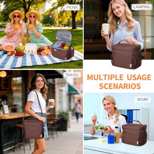 NOL Insulated Lunch Bag for Women Men Adults, Reusable Lunch Tote with Adjustable Shoulder Strap, Leakproof Thermal Food Cooler Bag with Front Pocket and Side Mesh Pockets for Work Travel, Coffee