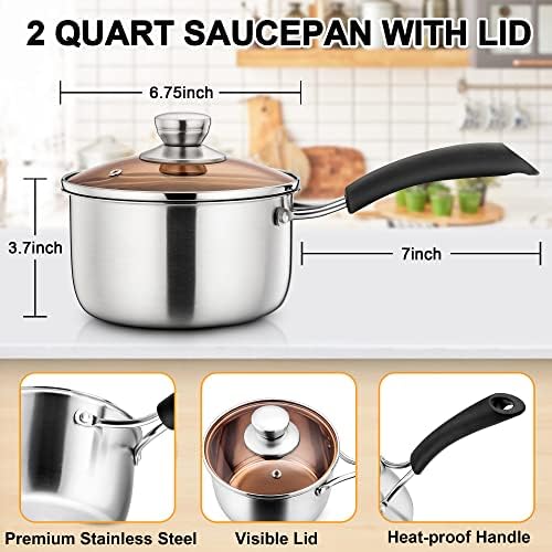 LIANYU 2QT Saucepan with Lid, Stainless Steel Sauce Pan, Induction Ready