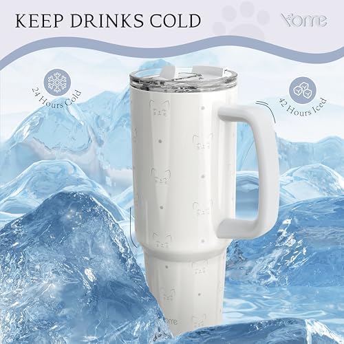 YOME 40 oz Cat Gray Tumbler with Handle and Flip Straw for Women | Stainless Steel Insulated Water Bottle | Keeps Drinks Cold | Dishwasher Safe | Cupholder Friendly | Gift Gym Travel Yoga