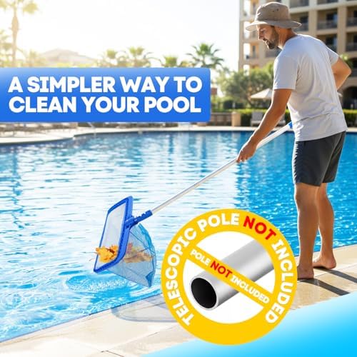 Pool Skimmer Net, Professional Swimming Pool Leaf Skimmer with Heavy Duty Frame, Fine Nylon Flat Mesh for Fast Debris Cleaning, for Above Ground & In-Ground Pools