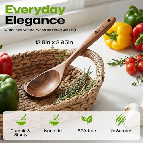 AIUHI Teak Corner Spoon, 100% Solid Teak Wooden Corner Spoon for Cooking, Heat-Resistant Non-Stick Safe Wooden Cooking Spoons