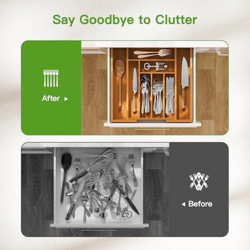 Pipishell Bamboo Expandable Silverware Drawer Organizer, Brown, Medium