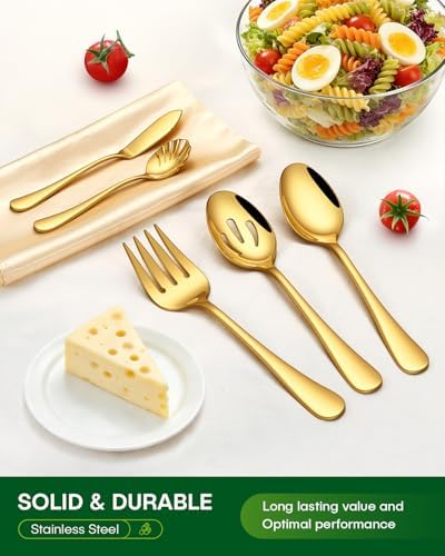 PHILIPALA 45 Piece Gold Silverware Set with Serving Utensils, Stainless Steel Flatware Set for 8 Food Grade Novelty Cutlery Utensil Set Include Knife Fork Spoon Mirror Polished Dishwasher Safe