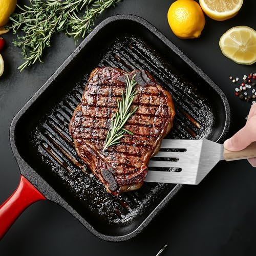 Stainless Steel Spatula Set, 2 pcs for Cast Iron Skillet with Wooden Handle