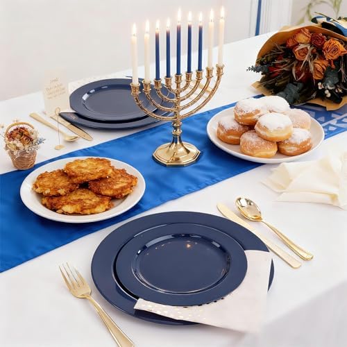 FLOWERCAT 200PCS Navy Blue Plastic Plates Disposable Plates for Party - Heavy Duty Plastic Plates - 10" &7" Plate for 100 Guests Hanukkah Parties and New Year Events