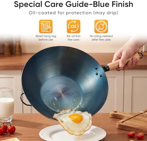NEWBULIG 13.5" Carbon Steel Wok Pan, Pre-Seasoned Flat Bottom Wok for Stir Fry, BBQ, Grill & Camping, Compatible with Induction, Electric, Gas and Open Fire, Blue