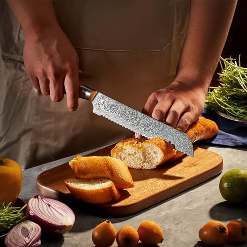 SENKEN 16-Piece Damascus Knife block Set - The Dynasty Collection - Japanese VG10 Damascus Steel with Natural Sycamore Wood Handles, Steak Knives, Scissors, & Sharpening Rod (16-Piece Knife Block Set)