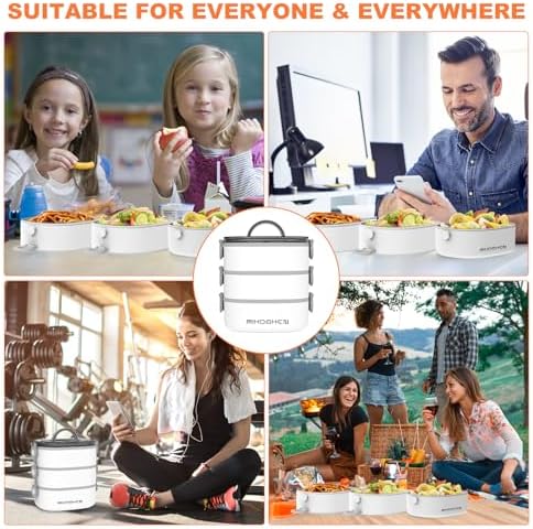 RIKDOKEN Lunch Box, Stackable 3 Layers Containers, Portable 94OZ Large Capacity Leakproof Bento Box with Spoon & Fork & Sauce Boxes, Microwave Safe Lunch Box for Kids and Adults