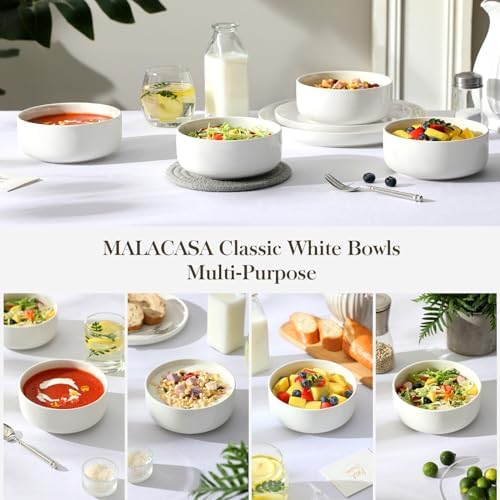 MALACASA 24 OZ Ceramic Bowls Set of 4, White Bowls for Soup Oatmeal