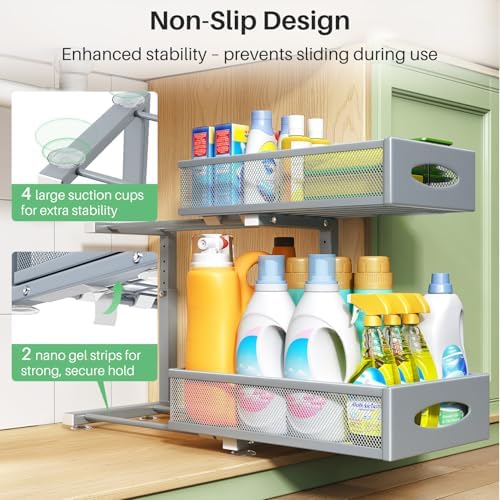 1 Pack Under Sink Organizer, 2 Tier Pull out Cabinet Organizer Mesh Baskets with 5 Adjustable Heights, Sliding Drawers Storage Shelf for Home, Kitchen, Bathroom, Pantry, Office, Countertop ,Grey