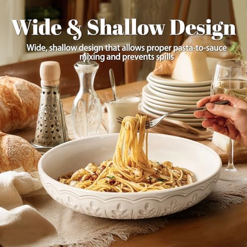 Artena Pasta Bowls, 50oz Large Salad Serving Bowls, 9.75'' Plates Bowls Set of 4, Big White Ceramic Soup Bowls for Kitchen, Embossment Shallow Dinner Bowl, Microwave Dishwasher Safe, Wheat Leaf