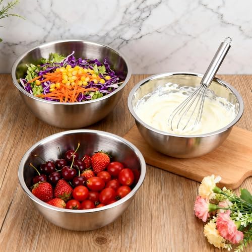 3-Piece Stainless Steel Mixing Bowls (0.74Qt) Metal Bowl Set with Measurement Marks, Dishwasher Safe & Stackable - Perfect for Baking, Salad Making, Meal Prep