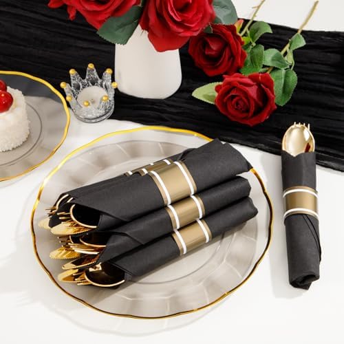 Supernal 120Pack Pre Rolled Black and Gold Plastic Silverware Set