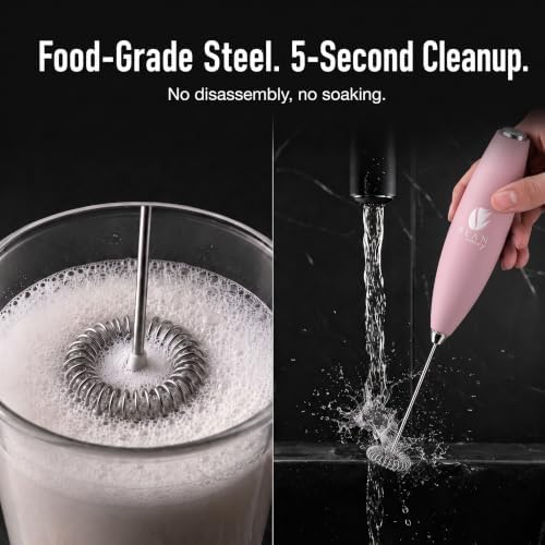 Bean Envy Milk Frother Handheld - Coffee Mixer Wand with Stand - Pink