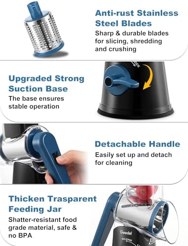Geedel Rotary Cheese Grater Hand Crank, Cheese Shredder Vegetable Slicer
