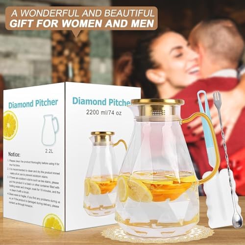 Glass Pitcher, 2.2 Liter Water Pitcher With Lid
